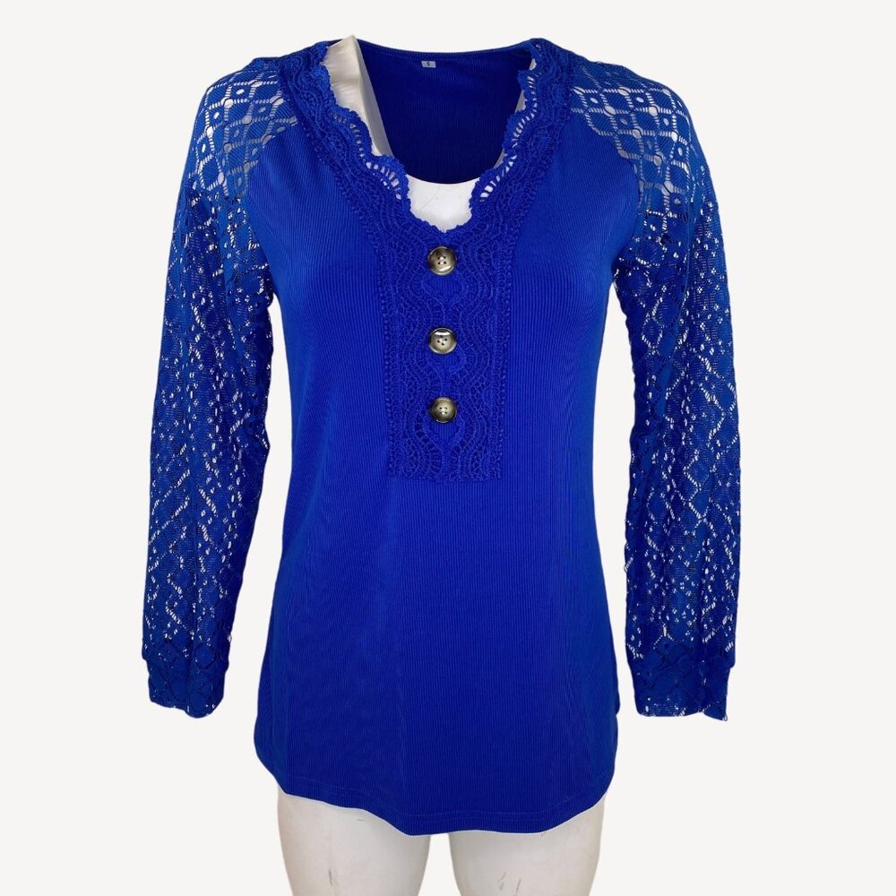 Womens Blue V-Neck Button Knit Ribbed Top Blouse Long Lace Sleeve Size S Small